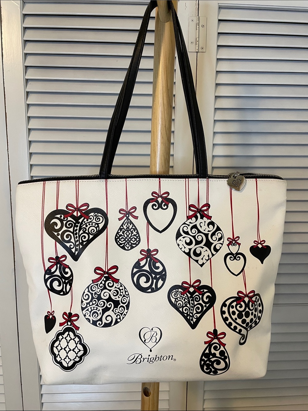 Brighton White Tote with Black Ornament Motif & Red Ribbon Accents
